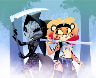 accessory anthro armband armor armwear big_butt biped breasts butt chainmail choker cigarette clothed clothing corset duo elbow_gloves female fishnet_clothing fishnet_legwear fluffy fluffy_tail forest forest_background fur gloves grey_body grey_fur hair_accessory hairband handwear highlights_(coloring) holding_melee_weapon holding_object holding_polearm holding_scythe holding_sword holding_weapon jewelry legwear lingerie longsword mask medium_breasts melee_weapon nature nature_background necklace nipple_tape orange_body orange_fur pasties plant polearm red_highlights scythe skimpy small_breasts small_waist smoking smoking_cigarette sword sword_on_shoulder tail tape thigh_highs topwear tree unconvincing_armor under_boob weapon weapon_on_shoulder wearing_mask wide_hips wristband yellow_sclera pusszone castle_rat_(band) audrey_(pusszone) barika_(willwri) canid canine cheetah felid feline fox mammal 2025 hi_res