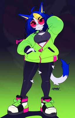 ahoge anthro black_clothing black_leggings black_legwear blonde_highlights blue_fingernails blue_hair blue_nails breasts cleavage cleavage_cutout clothed clothing colored_nails cutout dipstick_tail ear_piercing eyebrow_through_hair eyebrows eyelashes eyewear female fingernails fingers footwear fur glasses gradient_background green_clothing green_jacket green_topwear hair hand_behind_head hand_in_pocket highlights_(coloring) jacket leggings legwear looking_at_viewer markings medium_breasts nails piercing pockets round_glasses shadow shoes simple_background sneakers solo standing sunglasses tail tail_markings text topwear translucent translucent_hair white_body white_fur yellow_inner_ear zipper_pull_tab chromapan vivi_(chromapan) domestic_cat felid feline felis mammal 2025 hi_res signature