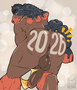 anthro anus backsack balls bent_over big_butt big_penis black_hair body_writing brown_body brown_fur butt clothed clothing dock_(anatomy) dreadlocks fur genitals glans hair humanoid_genitalia humanoid_penis male muscular muscular_anthro muscular_male nude_male partially_clothed penis presenting presenting_hindquarters smile solo tail underwear underwear_down writing_on_butt nelldemon chinese_zodiac new_year_2026 nintendo pokemon year_of_the_horse equid equine generation_7_pokemon mammal mudsdale pokemon_(species) absurd_res hi_res
