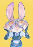 anthro belt clothed clothing eyewear female fully_clothed fur grey_body grey_fur grin holding_object police police_uniform simple_background smile solo sunglasses uniform yellow_background strawberry628_(artist) disney zootopia judy_hopps lagomorph leporid mammal rabbit 2020 hi_res painting_(artwork) traditional_media_(artwork) watercolor_(artwork)