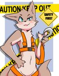 anthro barricade_tape biped blue_eyes blush caution_tape clothing female flat_chested fluffy fluffy_tail fur fur_tuft genitals harness harness_only hook pussy safety_harness safety_vest solo tail text topwear tuft vest nikowari_(artist) canid canine mammal 2021 absurd_res english_text hi_res