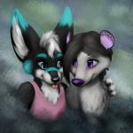 blep blue_eyes brown_hair clothing duo fluffy fur hair hug male painting purple_eyes shirt simple_background tank_top tongue tongue_out topwear white_hair acru_jovian darkfuzzy matthias american_opossum canid canine fennec_fox fox mammal marsupial true_fox virginia_opossum 1:1 bust_portrait digital_media_(artwork) hi_res portrait