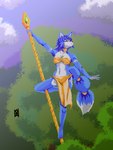 4_toes anthro balancing barefoot bottomwear clothing dancing feet female loincloth looking_away pole pole_dancing solo staff toes nahadon nintendo star_fox starfox_adventures krystal_(star_fox) canid canine fox mammal 3:4 digital_media_(artwork) pixel_(artwork)