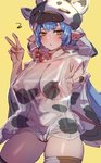 big_breasts breasts clothing ear_piercing female gesture hand_gesture hat headgear headwear nipples piercing simple_background solo translucent translucent_clothing v_sign bow_(artist) cygames granblue_fantasy catura_(granblue) animal_humanoid bovid bovid_humanoid bovine bovine_humanoid cattle_humanoid draph humanoid mammal mammal_humanoid 2020