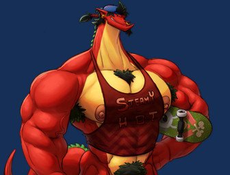 abs anthro armpit_hair barbell_piercing beard biceps big_muscles black_hair body_hair bottomless bottomless_male chest_tuft clothed clothing cocky_smile deltoids facial_hair facial_piercing forearm_muscles green_hair hair hat headgear headwear long_neck male muscular muscular_anthro muscular_male nipple_barbell nipple_piercing nipples nose_piercing nose_ring pantsless pecs piercing ponytail pubes red_body red_scales ring_piercing scales septum_piercing septum_ring shirt skateboard solo tail tank_top text text_on_clothing text_on_shirt text_on_topwear tight_clothing topwear trapezius tuft vehicle vein veiny_muscles yellow_body yellow_scales croconut itzcharlie american_dragon:_jake_long disney mythology jake_long dragon mythological_creature mythological_scalie scalie alpha_channel english_text hi_res