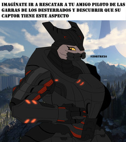 anthro armor big_breasts black_clothing breasts brown_body clothing crossgender female headgear helmet mature_female mtf_crossgender science_fiction solo suit text thick_thighs wide_hips yellow_sclera zortrex halo_(series) microsoft xbox_game_studios jega_'rdomnai alien sangheili scalie absurd_res hi_res meme spanish_text
