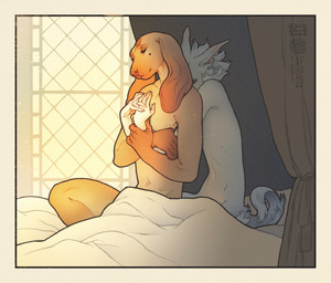 anthro arm_grab bed_sheet bedding duo hug intimate male male/male romantic kalpeakoira machete_(kalpeakoira) vasco_(kalpeakoira) canid canine canis domestic_dog mammal hi_res shaded soft_shading