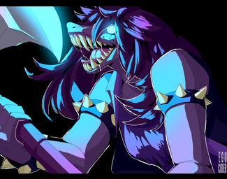 anthro armband axe blue_eyes bodily_fluids breasts clothed clothing female hair holding_object holding_weapon long_hair melee_weapon non-mammal_breasts open_mouth purple_hair saliva sharp_teeth solo teeth weapon egocider deltarune undertale_(series) susie_(deltarune) reptile scalie 2018 hi_res