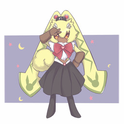 anthro bottomwear chibi clothing cosplay fur long_ears orange_eyes ponytail_ears skirt yellow_body yellow_fur yagi_kiki bandai_namco digimon digimon_ghost_game sailor_moon_(series) digimon_(species) lagomorph leporid mammal rabbit symbareangoramon 1:1 hi_res