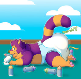 ambiguous_gender anthro baby_bottle bodily_fluids bodily_noises diaper feces genital_fluids overweight pooping side_view soiled_diaper soiling soiling_diaper unclean_diaper urine used_diaper using_diaper wet_diaper wetting wetting_diaper baltnwolf mammal hi_res