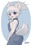 ahoge anthro black_nose blush braided_hair breasts butt clothing collar female female_anthro fur hair happy inner_ear_fluff kemono looking_at_viewer looking_back looking_back_at_viewer open_mouth open_smile overalls overalls_only purple_eyes small_breasts smile smiling_at_viewer solo teeth thick_thighs tight_clothing tongue tuft white_body white_fur white_hair arumo vtuber domanishi canid canine canis domestic_dog mammal 2021 digital_media_(artwork) hi_res signature