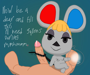 anthro bedroom_eyes blonde_hair bodily_fluids breasts container crossed_legs cum dialogue ejaculation female fur genital_fluids genitals grey_body grey_fur hair jar looking_at_viewer male male/female narrowed_eyes nude penis requesting seductive seductive_talk sex sitting sitting_on_another smile smiling_at_viewer tail tail_around_penis tail_fetish tail_motion tail_play tail_sex tailjob text vein veiny_penis rob-posa animal_crossing nintendo anon petri_(animal_crossing) mammal mouse murid murine rodent