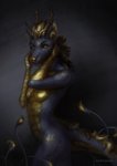 anthro black_background black_body black_fur black_sclera breasts featureless_breasts female fur gold_nose gold_scales hair looking_at_viewer metallic_hair nude pseudo_hair simple_background solo tail tentacles yellow_eyes saterina asian_mythology east_asian_mythology mythology etis dragon eastern_dragon mythological_creature mythological_scalie scalie 2021 absurd_res digital_media_(artwork) hi_res