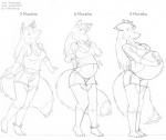 anthro belly big_belly blush bracelet breasts clothing female jewelry pregnant shirt solo tank_top topwear leokitsune nancy canid canine fox mammal monochrome sequence