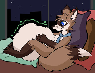 abdominal_bulge accessory after_vore anthro belly big_belly biped brown_body brown_fur claws fur hand_on_belly huge_belly inside male mascot necktie night pillow rumbling_stomach side_view sitting skyline solo tail vore white_body white_fur fatail777 furaffinity fender canid canine domestic_ferret fox hybrid mammal mustelid musteline true_musteline weasel 2024