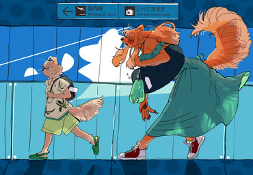 airport aloha_shirt anthro bangs big_tail biped blush bodily_fluids bottomwear breasts cleavage clothed clothing dress duffel_bag duo eyes_closed female fluffy fluffy_tail footwear fur hair looking_up male open_mouth orange_body orange_fur orange_hair pattern_clothing pattern_shirt pattern_topwear shirt shoes shorts size_difference sweat tail text topwear translucent translucent_clothing walking young young_anthro young_male ponyari_cat crocs canid canine canis domestic_dog mammal 2025 absurd_res digital_drawing_(artwork) digital_media_(artwork) english_text hi_res japanese_text