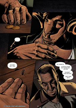 anthro arm_hair arm_scar back_hair big_muscles body_hair bottomwear brown_body brown_bottomwear brown_clothing brown_eyes brown_pants chest_hair clothed clothed_male clothing coin crossed_arms curly_hair dialogue duo eyebrows facial_scar fantasy furniture gold_(metal) gold_coin green_clothing green_shirt green_topwear hair horn inside jewelry male middle_aged muscular muscular_anthro muscular_male necklace night pants scar scar_on_hand shirt solo speech_bubble stubble table tavern text thick_eyebrows topwear purplebirdman roshim_(purplebirdman) ant arthropod bovid caprine goat human hymenopteran insect mammal sheep comic detailed english_text