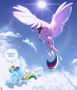 blue_body blue_fur cloud duo encouragement feathered_wings feathers female female/female feral flying fur hair horn lens_flare multicolored_hair open_mouth purple_body purple_fur purple_hair rainbow_hair sun tail wings kcheesh friendship_is_magic hasbro my_little_pony mythology rainbow_dash_(mlp) twilight_sparkle_(mlp) equid equine mammal mythological_creature mythological_equine unicorn winged_unicorn hi_res