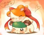 :3 blush clothing duo eyes_closed feral fur hat headgear headwear heart_symbol hug male neck_bow one_eye_closed orange_body orange_fur simple_background text whiskers white_body white_fur wink huyumikann hamtaro_(series) cappy_(hamtaro) hamtaro cricetid hamster mammal rodent 5:4 japanese_text