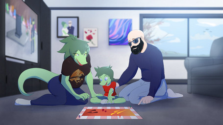 5_fingers age_difference anthro bald beard blue_eyes blurred_background board_game clothed clothed_anthro clothed_female clothed_human clothed_male clothing cloud day dice electronics eyewear facial_hair family female fingers fully_clothed fully_clothed_anthro fully_clothed_female fully_clothed_human fully_clothed_male furniture green_body green_hair green_scales grey_eyes group hair happy human_on_anthro inside interspecies kneeling light_body light_skin living_room male male/female older_female older_male painting_(object) ponytail scales smile snout sofa sunglasses tail television trio window yellow_sclera younger_anthro younger_male cavemanon cavemanon_studios i_wani_hug_that_gator inco_(iwhtg) olivia_halford trent_(iwhtg) baryonyx dinosaur human mammal prehistoric_species reptile saurischian scalie spinosaurid theropod 16:9 2026 colored digital_drawing_(artwork) digital_media_(artwork) hi_res official_art shaded widescreen father_(lore) father_and_child_(lore) father_and_son_(lore) mother_(lore) mother_and_child_(lore) mother_and_father_(lore) mother_and_son_(lore) parent_(lore) parent_and_child_(lore) parent_and_son_(lore) son_(lore)