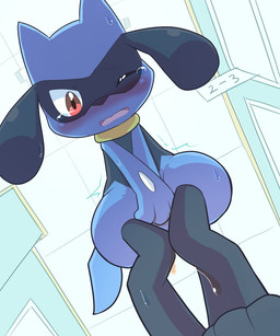 ambiguous_gender anthro black_body black_fur blue_body blue_fur blush bodily_fluids desperation digitigrade fur genital_fluids hallway holding_crotch inside knock-kneed leaking low-angle_view omorashi one_eye_closed open_mouth peeing potty_dance red_eyes school solo sweat tears urine urine_drip urine_on_leg urine_on_self wetting worm's-eye_view young young_anthro wadorigi nintendo pokemon canid canine generation_4_pokemon mammal pokemon_(species) riolu 5:6 hi_res
