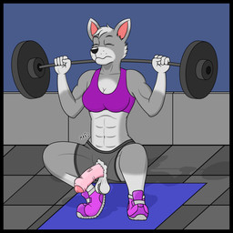 anthro athletic_wear balls big_breasts black_border border breasts exercise flaccid genitals gym gynomorph intersex muscular muscular_anthro muscular_gynomorph muscular_intersex penis saggy_balls solo weightlifting weights workout marothedarkrabbit_(artist) canid canine canis domestic_dog mammal 1:1 absurd_res hi_res