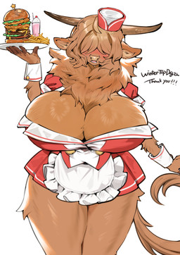 2_horns 5_fingers anthro apron arm_tuft barely_contained barely_contained_breasts beverage big_breasts biped black_text blush blush_lines blushing_profusely bodily_fluids breast_tuft breasts brown_horn burger button_(fastener) cheese cherry clothed clothed_anthro clothed_female clothing container cup dairy_products dress drinking_straw extended_arm female fingers fluffy food fries front_view fruit fur fur_tuft glass glass_container glass_cup glistening glistening_bodily_fluids glistening_body glistening_fur glistening_hair glistening_horn glistening_legs glistening_nose glistening_sweat glistening_thighs hair hair_over_eyes hat headgear headwear holding_food holding_object holding_plate horn huge_breasts humanoid_hands inner_ear_fluff leg_tuft legs_together lettuce light light_body light_fur light_hair meat milkshake monotone_body monotone_breasts monotone_fur monotone_hair monotone_tail multicolored_clothing multicolored_dress multicolored_hat multicolored_headgear multicolored_headwear neck_tuft nervous nervous_sweat open_mouth pink_tongue plant plate red_blush shirt_cuffs short_dress simple_background skimpy skimpy_dress solo standing sweat sweatdrop tail tan_body tan_breasts tan_ears tan_fur tan_hair tan_inner_ear_fluff tan_nose tan_tail teeth text thanking thick_thighs tomato tongue tuft two_tone_clothing two_tone_dress two_tone_hat two_tone_headgear two_tone_headwear vegetable waiter white_apron white_background white_clothing kikury freya_(wintertopdog) bovid bovine cattle mammal 2025 absurd_res digital_drawing_(artwork) digital_media_(artwork) english_text hi_res portrait three-quarter_portrait