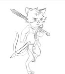 animal_genitalia anthro clothed clothing erection feet genitals male melee_weapon pantsless scarf sheath shirt simple_background solo sword topwear weapon thedevilsadvocates redwall martin_the_warrior mammal mouse murid murine rodent monochrome