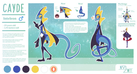 3_toes 5_fingers anthro black_body black_scales blue_body blue_scales blush caught_off_guard color_swatch contiguous_snout cosmic_background embarrassed feet fin fingers g-max_hydrosnipe gradient_background head_fin long_tail looking_at_viewer looking_back male markings open_mouth orange_eyes outline pokemon_move pupils rear_view scales simple_background slim slit_pupils solo surprised tail teeth teeth_showing text thick_tail toes white_outline yellow_body yellow_scales nal_wt nintendo pokemon cayde_the_inteleon generation_8_pokemon gigantamax_inteleon gigantamax_pokemon inteleon lizard pokemon_(species) reptile scalie absurd_res character_name colored colored_line_art hi_res model_sheet shaded watermark