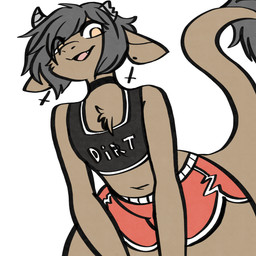 ambiguous_gender anthro big_tail biped black_chest_binder black_clothing black_topwear bottomwear broken_horn brown_body brown_fur chest_binder chest_tuft choker clothed clothing cross cross_ear_piercing cross_piercing dolphin_shorts ear_piercing fur grey_hair grey_horn hair horn inverted_cross inverted_cross_ear_piercing inverted_cross_piercing jewelry looking_at_viewer looking_down looking_down_at_viewer low-angle_view midriff navel necklace open_mouth orange_eyes piercing red_bottomwear red_clothing red_shorts short_hair shorts simple_background smile solo tail teeth text text_on_chest_binder text_on_clothing text_on_topwear tongue topwear tuft underwear white_background manitka manitka_storm bovid bovine cattle mammal 1:1 2025 digital_media_(artwork) english_text hi_res