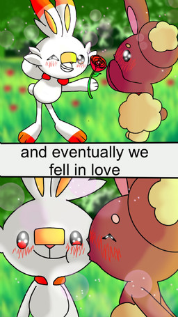 anthro blush blush_lines duo female flower kissing_cheek male male/female plant rose_(flower) sharing sparkles text pantyking nintendo pokemon buneary generation_4_pokemon generation_8_pokemon pokemon_(species) scorbunny 9:16 comic english_text hi_res