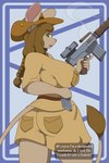 5_fingers abstract_background anthro battle_rifle big_breasts big_butt blue_background bottomwear braided_hair breasts brown_body brown_clothing brown_hair butt butt_pose clothing curvy_figure dialogue fal female fingers fur glowing green_eyes gun hair hat headgear headwear heat_(temperature) holding_object holding_weapon huge_breasts long_tail looking_at_viewer looking_back looking_back_at_viewer open_mouth pattern_background pink_nose pink_tongue pose ranged_weapon rifle scope shorts simple_background slouch_hat smoke solo speech_bubble standing tail tail_tuft teeth text thick_thighs tongue tuft voluptuous weapon white_text wide_hips johnmarten dipodid jerboa mammal rodent 2:3 absurd_res english_text hi_res portrait three-quarter_portrait