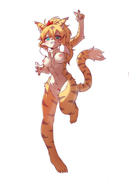 5_fingers 5_toes accessory anthro blonde_hair breasts clenched_teeth feet female fingers fur genitals gesture green_eyes grin hair hair_accessory hair_ribbon hand_gesture kemono nipples nude on_one_leg pawpads ribbons running smile solo standing striped_body striped_fur striped_hair stripes teeth toes v_sign vulva yellow_body yellow_fur lalamedli cygames world_flipper mia_(world_flipper) felid mammal pantherine tiger 2023 absurd_res alternate_version_at_source hi_res shaded
