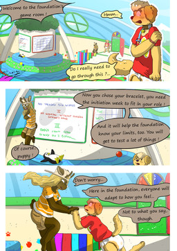 abdl ageplay anthro blush clothed clothing collar daycare diaper diaper_fetish duo female fur hair infantilism male male/female roleplay text wearing_diaper ahcocqui welof canid canine canis deer domestic_dog mammal absurd_res comic digital_media_(artwork) english_text hi_res