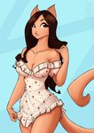 2023 animal_humanoid blue_background breasts brown_eyes brown_hair cat_humanoid cleavage clothed clothing conditional_dnp dress felid felid_humanoid feline feline_humanoid female hair humanoid jollyjack mammal mammal_humanoid minidress simple_background solo