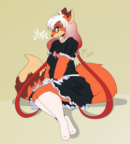 anthro apron black_clothing black_dress brown_body brown_fur clothing dress eyewear female fur glasses green_eyes heart_symbol legwear looking_at_viewer maid_uniform round_glasses simple_background sitting smile solo stockings tail uniform white_apron white_clothing white_legwear white_stockings maynara velvet_(maynara) canid canine fox mammal 2024 digital_media_(artwork) hi_res