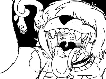 ambiguous_gender anthro bodily_fluids breath covered_eyes drooling duo extreme_size_difference imminent_vore long_tongue mouth_shot open_mouth saliva size_difference slightly_chubby teeth tongue uvula vore ambisection canid canine felid feline mammal 4:3 digital_media_(artwork) microsoft_paint_(artwork) monochrome sketch