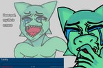 anthro bodily_fluids crying crying_laughing gameplay_mechanics green_body grey_background laugh male nude open_mouth pained_expression simple_background solo status status_board status_effect tears teeth teeth_showing text anonymous_artist kobold_adventure moe_(kobold_adventure) kobold scalie absurd_res english_text hi_res