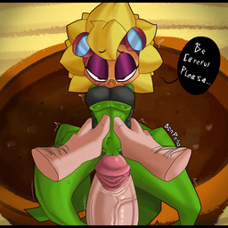 anthro big_breasts big_penis biped black_bars bottomless bottomless_female breasts clitoris clothed clothing crotch_tuft dialogue disembodied_hand duo erection eyewear eyewear_on_head female first_person_view fleshlight_position flower genitals goggles goggles_on_head green_body hairy_hands human_on_anthro interspecies larger_human larger_male leaf_legs male male/female non-mammal_breasts non-mammal_vulva off_shoulder_shirt penis petal_hair plant plant_pot size_difference small_waist smaller_anthro smaller_female speech_bubble sweating_profusely thick_thighs torso_grab tuft under_boob vaginal_prodding vein veiny_penis vulva worried don_pena electronic_arts plants_vs._zombies plants_vs._zombies_heroes popcap_games solar_flare_(pvz) elemental_creature flora_fauna flower_creature human mammal sunflower_(pvz) 1:1 2025 absurd_res hi_res letterbox