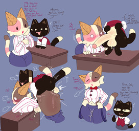 :3 abdominal_bulge balls belly big_breasts big_penis black_body blue_bottomwear blue_clothing blue_pants blush blush_lines blushing_profusely bodily_fluids bottomwear bow_tie breasts breath brown_spots brown_stripes butt clothed clothing cum cum_in_clothing cum_in_pants cum_smuggling desk dialogue duo female furniture genital_fluids genitals gesture hand_gesture looking_at_genitalia looking_at_penis male male/female markings motion_lines navel onomatopoeia open_mouth pants partially_clothed pattern_clothing pattern_topwear paws penis pink_speech_bubble pink_spots pink_stripes red_bow_tie red_clothing red_shirt red_topwear sez shirt shocked simple_background sound_effects speech_bubble spots spotted_body steamy_breath striped_clothing striped_markings striped_tail striped_topwear stripes sweat sweaty_butt sweaty_face table tail tail_markings text thumbs_up topwear tremble_spikes waffle_cone white_balls white_body white_eyes white_penis snazzle_snapp nyapolitan_(snazzle_snapp) felid feline mammal multiple_scenes