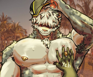 anthro armpit_hair bodily_fluids body_hair clothing detailed_background hair hair_over_eye hat headgear headwear male muscular nipple_piercing nipples pec_grab pecs piercing smile smirk solo sweat roda4413 sully_(roda4413) felid mammal pantherine snow_leopard hi_res