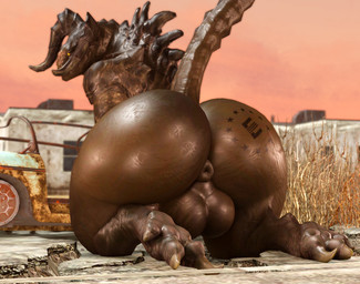 2_horns anthro anus backsack balls big_balls big_butt branded butt genitals glistening glistening_balls glistening_body glistening_butt glistening_genitalia glistening_skin glowing glowing_eyes horn huge_balls huge_butt kneeling looking_back male nude outside puffy_anus solo tail yellow_eyes willie_piv fallout microsoft enclaw_(willie_piv) deathclaw scalie 3d_(artwork) digital_media_(artwork)