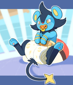 3_toes ageplay ambiguous_gender anthro blue_body blue_fur blurred_background blush clothed clothing diaper feet feral fur hindpaw in_crib infantilism pacifier paws quadruped roleplay solo toes toony wearing_diaper yellow_eyes bubblepuppers nintendo pokemon felid generation_4_pokemon luxio mammal pokemon_(species) 2016 digital_media_(artwork) hi_res