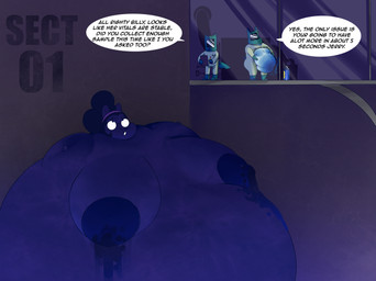 ambiguous_fluids anthro belly big_belly big_breasts blue_body blueberry_inflation breasts expansion female group huge_belly immobile inflation laboratory male male/female scientific_experiment text trio weight_gain abunbot mammal english_text hi_res trans_(lore)