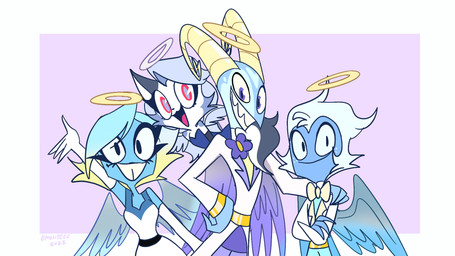 anthro armwear back_wings blue_body blue_eyes blue_feathers blue_hair blue_skin bow_tie clothing crossed_arms elbow_gloves feathered_wings feathers female female_anthro flower_accessory gloves grin group hair halo handwear horn male red_eyes smile suit wings young young_anthro emositecc hellaverse helluva_boss blitzo_(helluva_boss) loona_(helluva_boss) millie_(helluva_boss) moxxie_(helluva_boss) angel angel_humanoid canid canid_angel canine cherub humanoid mammal 16:9 hi_res widescreen