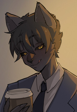 anthro beverage blush clothing coffee male solo suit haloperidolqueen darkwolf_(darkwolfdemon) canid canine canis mammal wolf hi_res