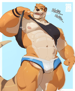 abs anthro arm_tattoo biceps black_clothing black_shirt black_tank_top black_topwear blue_clothing blue_underwear breath bulge clothed clothing clothing_lift countershade_torso countershading eyebrow_slit eyebrows finger_claw fur genitals green_eyes low-angle_view male markings muscular muscular_anthro muscular_male nipples obliques orange_body orange_fur orange_tail pecs penis penis_poking_out quads shirt shirt_lift solo striped_markings striped_tail stripes tail tail_markings tan_body tan_countershading tan_fur tank_top tattoo topwear underwear wrist_tattoo makebork zeke_(barazokudex) mammal mustelid otter 2025 hi_res