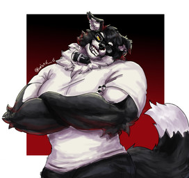 anthro black_body black_bottomwear black_clothing black_fur black_hair black_nose black_pants bottomwear clothing collar eyewear fur glasses hair male muscular muscular_anthro muscular_male pants solo white_body white_fur yellow_eyes limbo6_6 limbo_(limbo6_6) border_collie canid canine canis collie domestic_dog herding_dog mammal pastoral_dog sheepdog hi_res