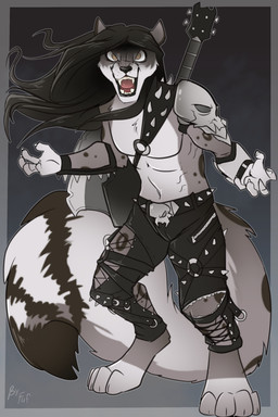 anthro bass_guitar big_tail biped black_bottomwear black_clothing black_hair black_nose black_pants bottomwear claws clothed clothing countershade_face countershade_fur countershade_torso countershading digitigrade fluffy fluffy_tail front_view fur gloves_(marking) grey_body grey_fur guitar hair leg_markings leopard_spots long_hair male markings multicolored_body musical_instrument navel open_mouth pants plucked_string_instrument pose red_eyes socks_(marking) solo spikes spots spotted_body standing string_instrument tail teeth tongue topless topless_male two_tone_body white_body white_countershading white_fur white_markings fuf felid mammal pantherine snow_leopard 2019 2:3 hi_res