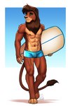 abs anthro anthrofied blue_clothing blue_speedo blue_swimming_trunks blue_swimwear brown_body brown_fur bulge clothing digitigrade eye_scar facial_scar fur green_eyes hair male mane navel nipples pecs scar solo speedo standing surfboard swimming_trunks swimwear yellow_sclera mykegreywolf disney the_lion_king kovu_(the_lion_king) felid lion mammal pantherine 2022 2:3 absurd_res hi_res